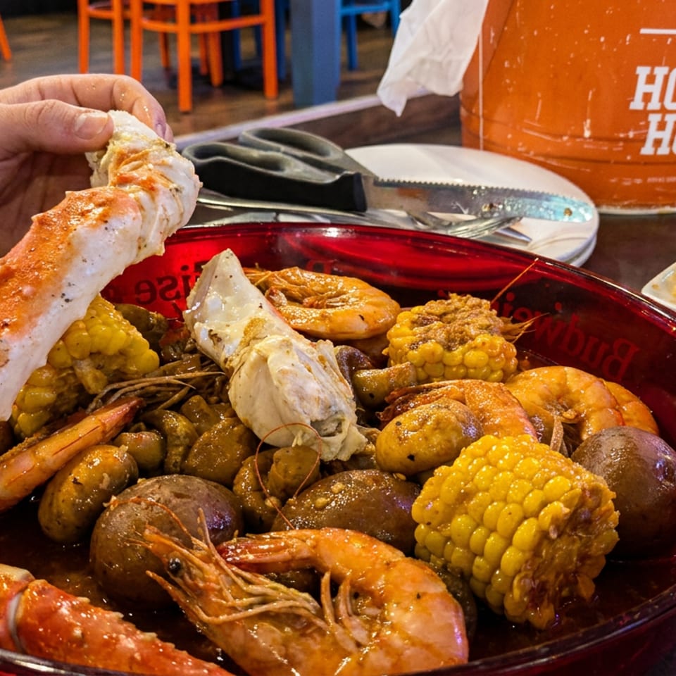 A hand holds a crab leg over a red bowl filled with shrimp, corn, and potatoes.