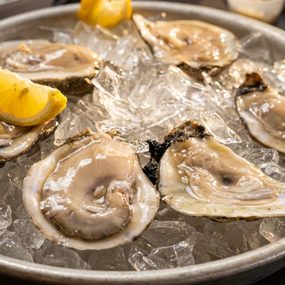 Fresh oysters on the half shell with lemon wedges, served on a bed of ice in a metal tray.